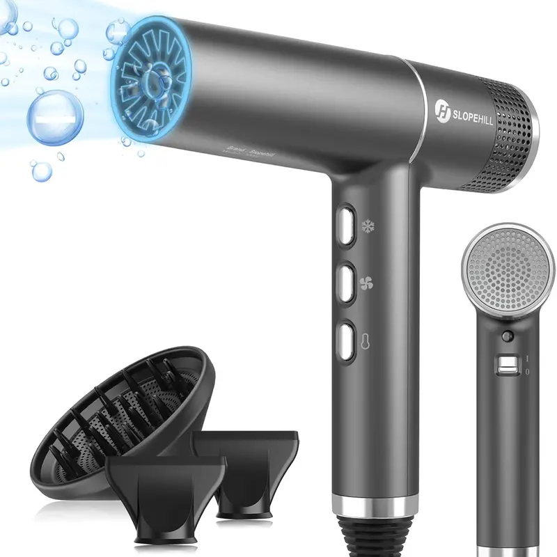 Slopehill Powerful Hair Dryer Styler - 2000W Brushless Motor, Intelligent Fault Diagnosis, Innovative Microfilter, Oxy Active Technology, Ionizer, Heat Protection, LED Display (Grey) - High Velocity Blowout Hair Styling Tool for Mothers
