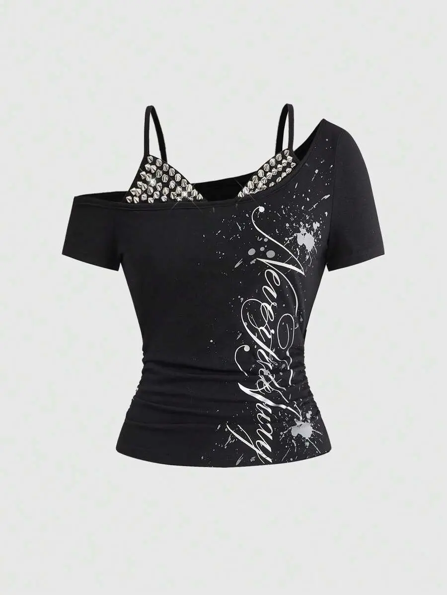 Grunge Punk Y2K Style Abi Letter Slogan Print Rivet Decor Off Shoulder Tight Fitting T-Shirt For Women