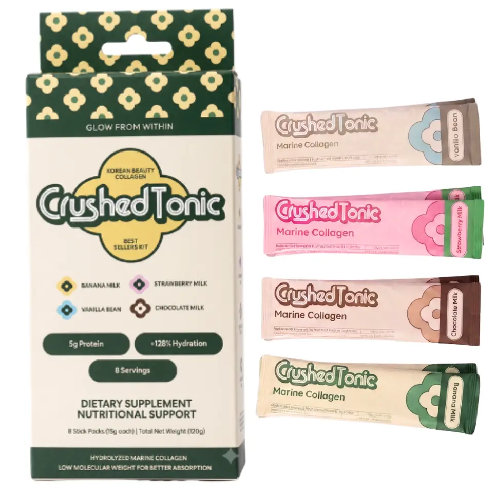 Crushed Tonic Best Sellers Kit – Marine Collagen Discovery Sample Sticks – 8-Count Sampler – Banana, Strawberry, Chocolate & Vanilla Milk – Gluten Free Non-GMO Skin Hair & Nail Beauty Supplement Drink Mix