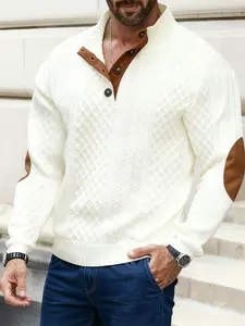 Men's Vintage Plaid Knit Sweater, Leather Patch Stand Collar Button Design Elbow Patches, New Men's Casual Half-Zip Pullover