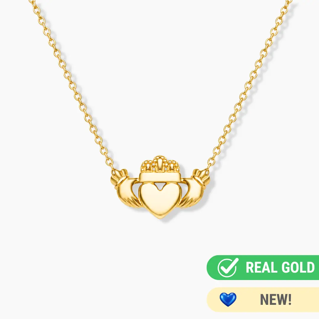 14K YELLOW GOLD FLOATING CLADDAGH NECKLACE -ADJUSTABLE