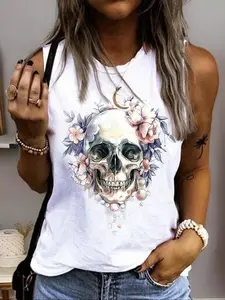 Women's Halloween Casual Loose-Fit Vest, Grunge Tank Top, Skull & Floral Print, Soft Comfortable Home Wear, Summer Thin Fabric, Lightweight, All Seasons