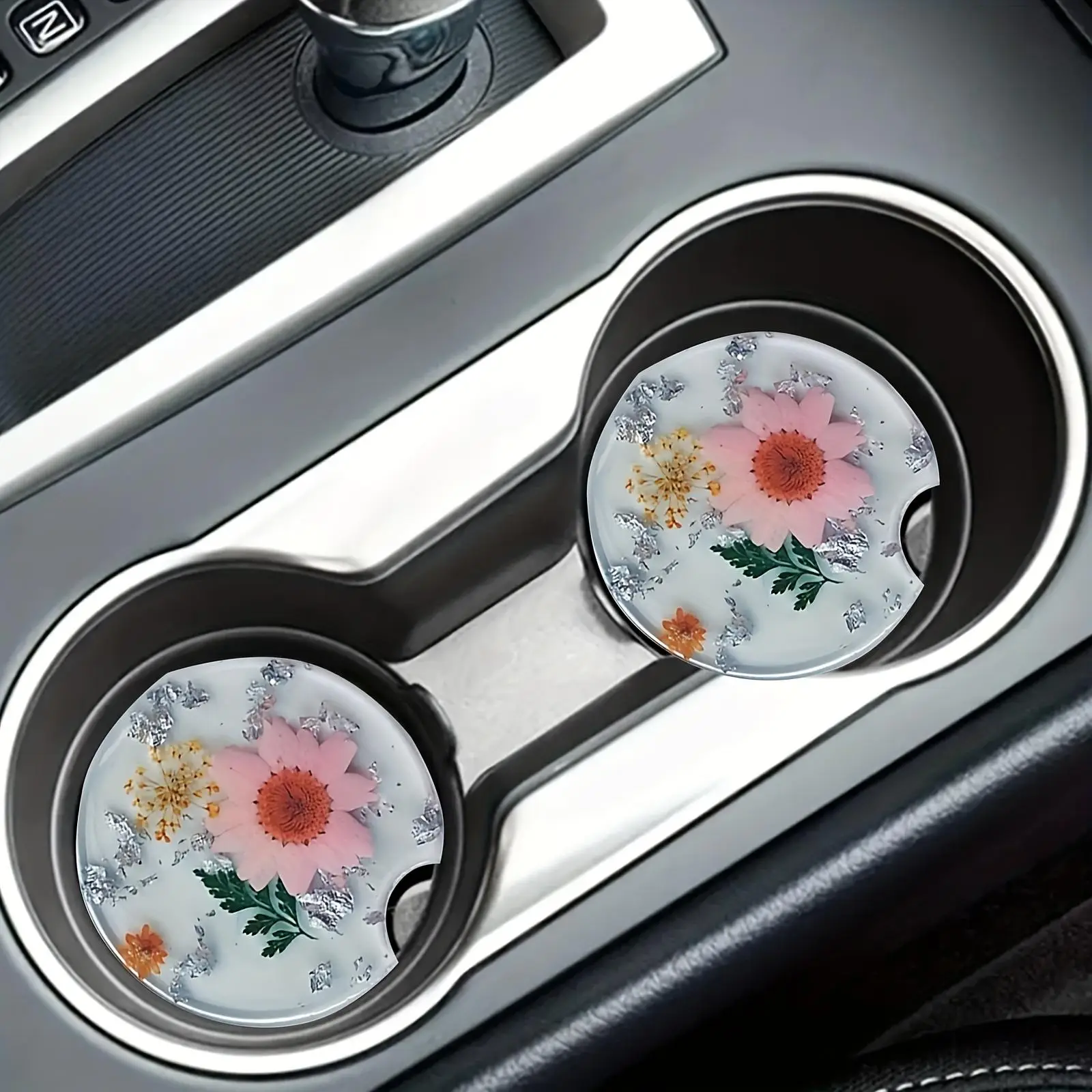 Flower Pattern Car Coaster, Round Anti-slip Cup Holder Decorative Cup Mat, Car Cup Holder Protective Coaster For Car Gift, Car Accessories, Car Interi