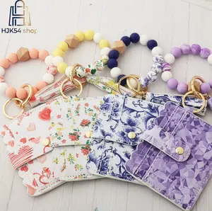 Scalloped Edge Printed PU Card Holder Wallet with Silicone Wood Bead Wristlet Keychain Tassel Decor Snap Button Multi Card Slot ID Credit Card Case Portable Daily Shopping Travel Ladies Mini Pocket Purse