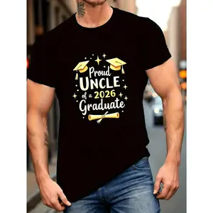 Mens Proud Uncle Of A 2026 Graduate T Shirt Golden Cap And Diploma Design Class Of 2026 Print Breathable Lightweight Fit Round Neck Short Sleeve Graduation Gift For Uncles Family Casual Outdoor Events Funny Novelty Graduation Party