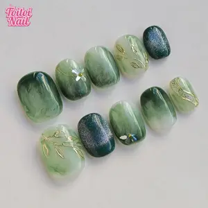 Jade Leaf Handmade Press-On Nails | Short Square Shape, 10pcs | Fresh Green Marble Design with Gold Foil Leaf & Glitter Accents | Reusable DIY Nail Kit for Women | Trendy Nails for Spring, Summer, Travel & Daily Wear | Elegant Nature Look