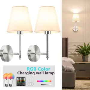 Modern LED Fabric Charging Wall Light Set, Dimmable Wall Lamp, Wire-Free Silver Color Pole, Detachable, Includes RGB Bulbs, Home Decor