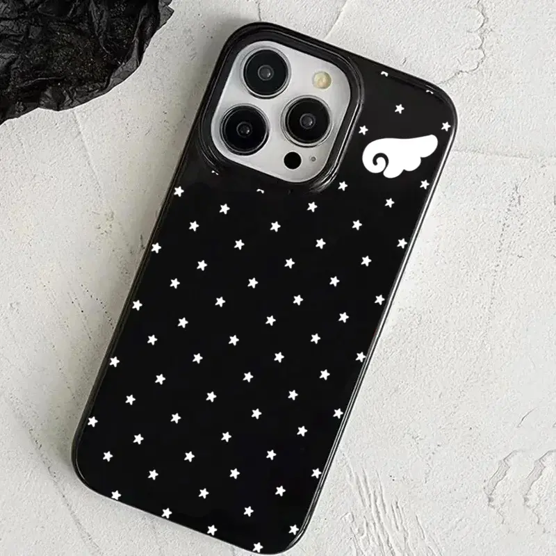 Minimalist Tiny White Star & Angel Wing Print Soft Shockproof Phone Case, Cute Black Aesthetic Protective Cover Compatible with iPhone 11/12/13/14/15/16/16E/17 Air/Pro Max