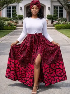 African Print High-Waist Maxi Skirt with Front Slit – Bold Red Ankara Statement Skirt