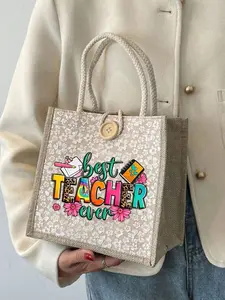 Best Teacher Floral Linen Handbag, Reusable Print Crossbody Bag, Large Capacity Shoulder Bag, Ideal Gift for Teachers Day & Holidays
