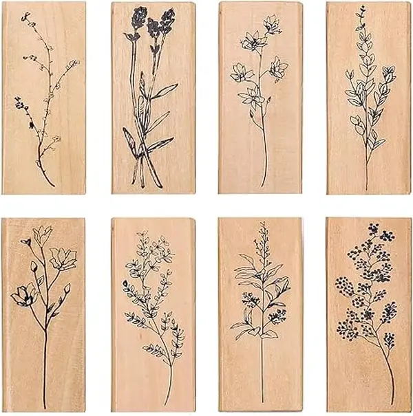 8 Pieces Wood Mounted Rubber Stamps | Plant and Flower Decorative Wooden Rubber Stamp Set for DIY Craft, Diary, Crafting, Scrapbooking and Card Making