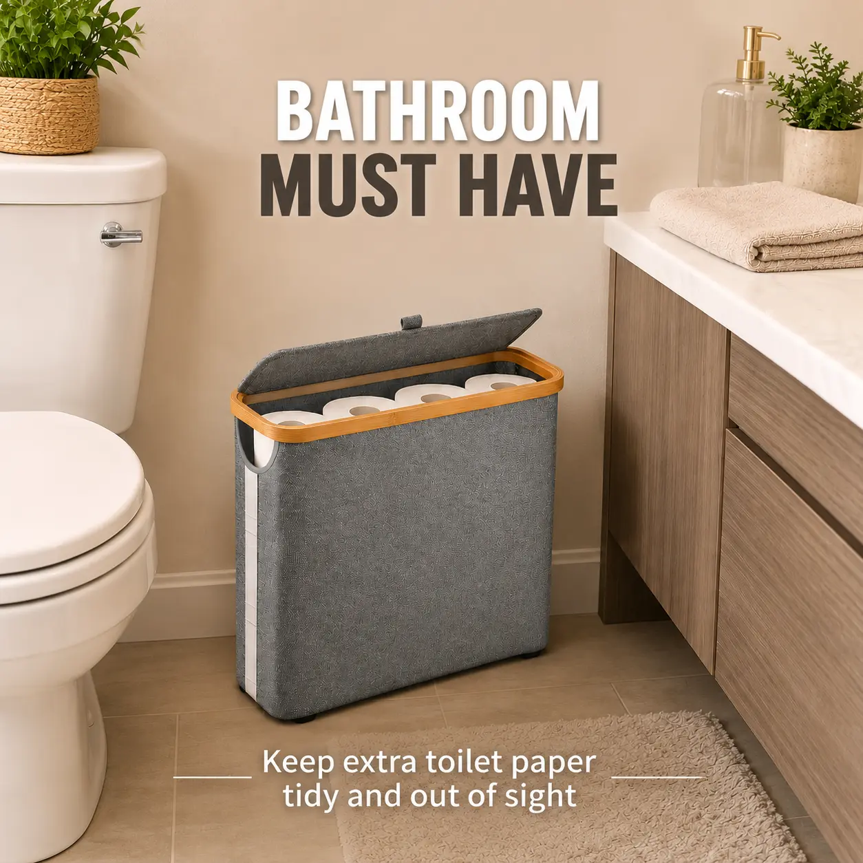 Decorative Toilet Paper Storage Basket with Lid for Bathroom, Free-Standing Tissue Organizer