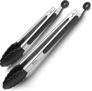 Cooking Stainless Steel Tongs - 9" and 12" With Silicone Tips, Locking BBQ Tongs Handles Set