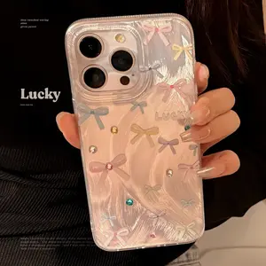 Aesthetic Feather Texture Bow Phone Case for iPhone 17, 16, 15, 14, 13, 12 & Pro Max, Cute Shockproof Cover