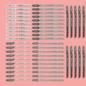 50 Piece Contractor Jigsaw Blades Set with Storage Case Assorted T-Shank for Wood Plastic & Metal Cutting T118A T118B T101AO T101B T101BR T144D