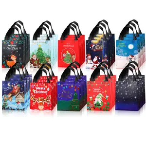 30 Reusable Christmas Gift Bags with Handles, Foldable Woven Shopping Bags, Santa Snowman Design, Perfect for Holiday Parties & Surprises