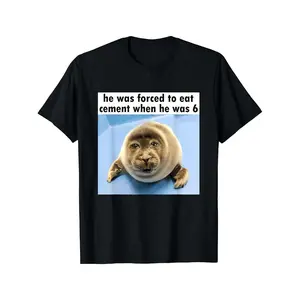Hilarious Men's Seal Meme T Shirt Featuring Cartoon Seal and Cement Graphics for a Fun Playful Look