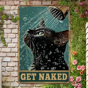 Vintage Metal Cat Shower Sign - Retro Wall Hanging Decorative Plaque for Bathroom, Kitchen, Bar, Dorm - Multipurpose, No Electricity Needed - Humorous Black Cat "GET NAKED" Poster