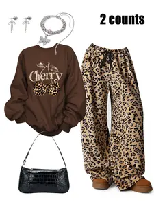 Women's Leopard Print Long Sleeve Sweatshirt Daily Set with Cherry Pattern, Comfortable Soft Fabric, Casual Fitted Top & Wide Leg Pants for Spring Fall Outfit, Casual Outfits Women