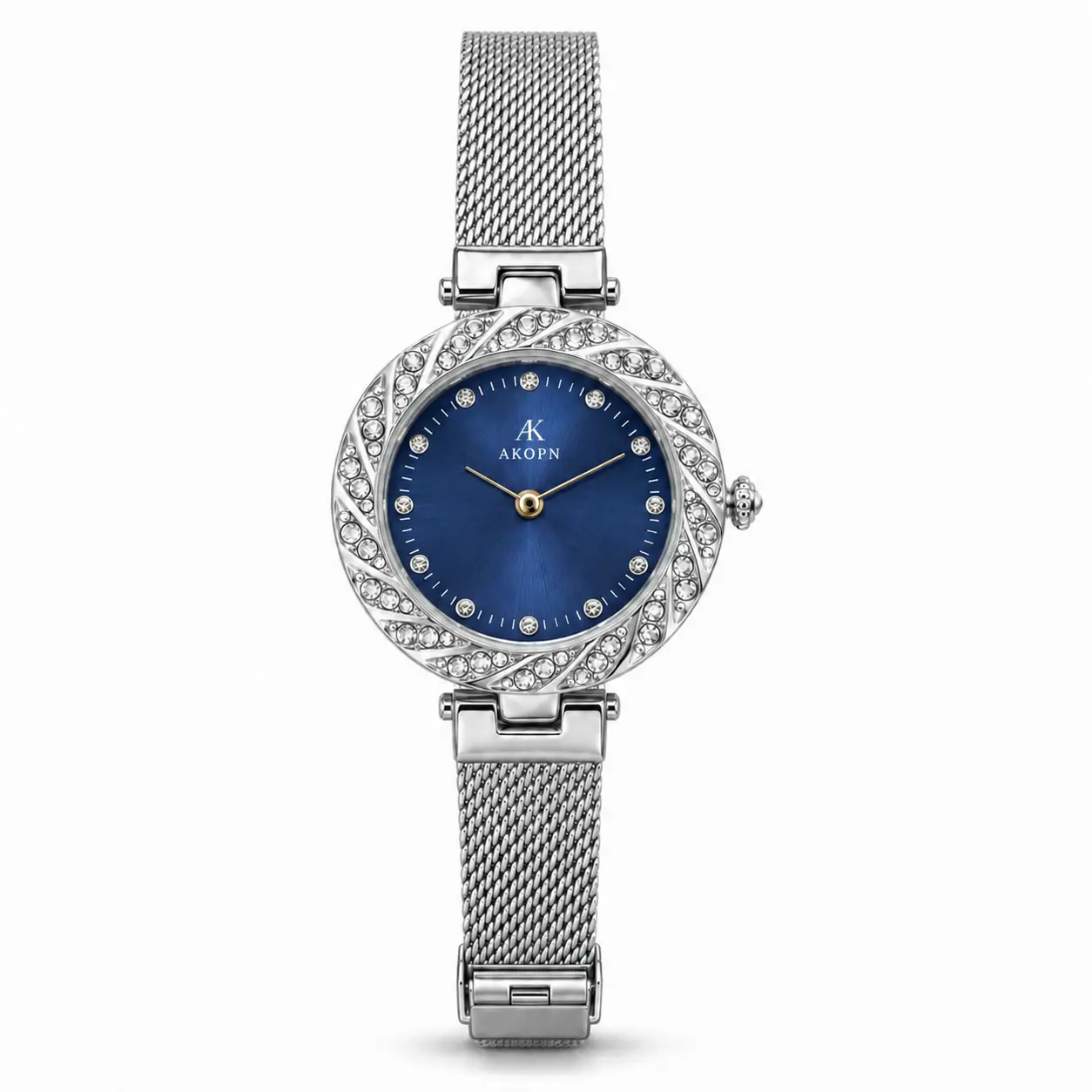 Women's Blue Dial Rhinestone Watch with Crystal-Detail Bezel & Silver Mesh Band, Elegant Analog Dress Watch, Perfect Gift for Everyday Wear, Birthday, Anniversary, Friends & Family