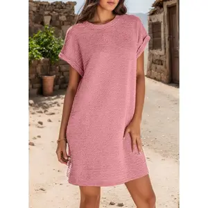 2026 Women's Solid Color Round Neck Short Sleeve Dress with Rolled Cuffs & Side Pockets, Minimalist Loose Fit Casual Daily Dress, Trendy European American Style for Summer, Vacation, Work & Street Outfits