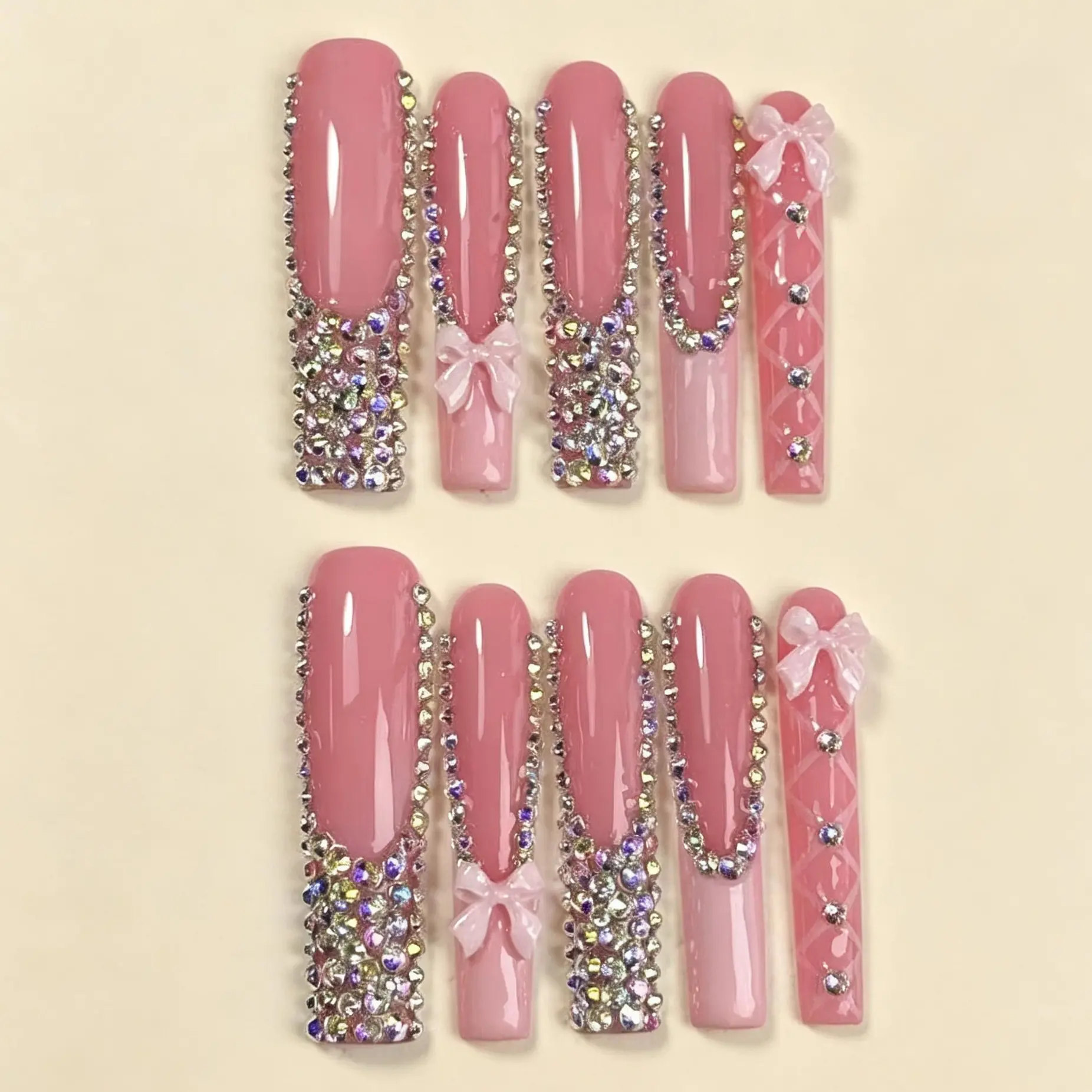 Luxury Look 18-Square Extra-Long Pipe-Shape Pink Bow Rhinestone French Tip Handmade Acrylic Press-On Nails, Easy Apply, Set Includes Nail Accessories, Acrylic Nails, Handmade Acrylic Nails