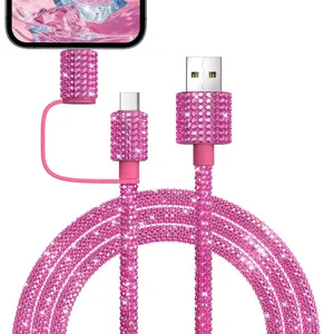 USB C Cable 2 in 1 Multi Fast Charging Cable [MFi Certified] Pink Bling iPhone Charger Cord 66W Sparking Diamond Phone Charging Cord for iPhone 16 15 14 13 12 11 Plus Pro Max 16E Galaxy S25 S24 S23