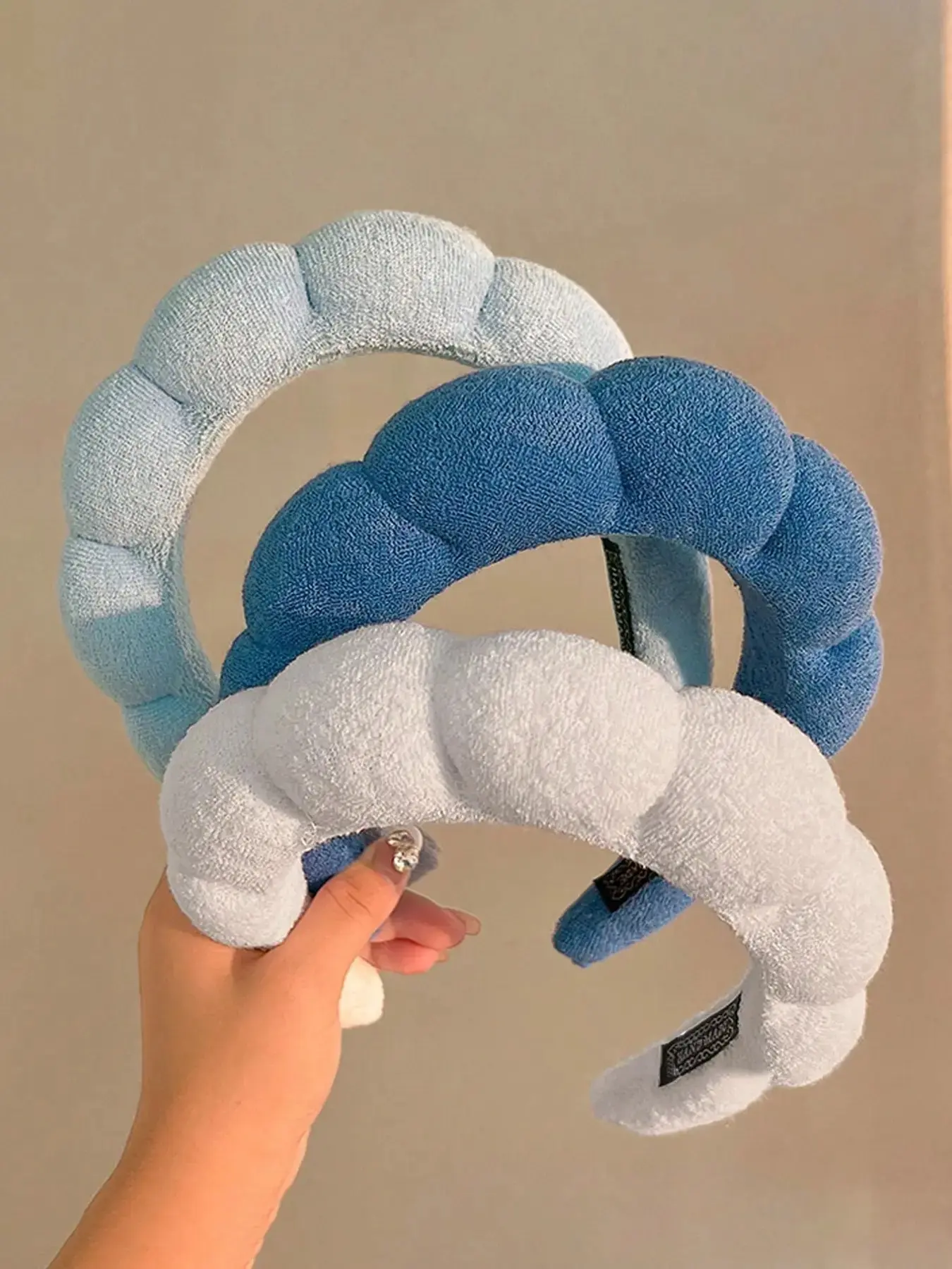 3-Pack Women's Thick Fuzzy Headbands – Light Blue, White & Navy, Solid Color Hair Hoops for Makeup, Skincare & Daily Wear, Hair Accessories Set