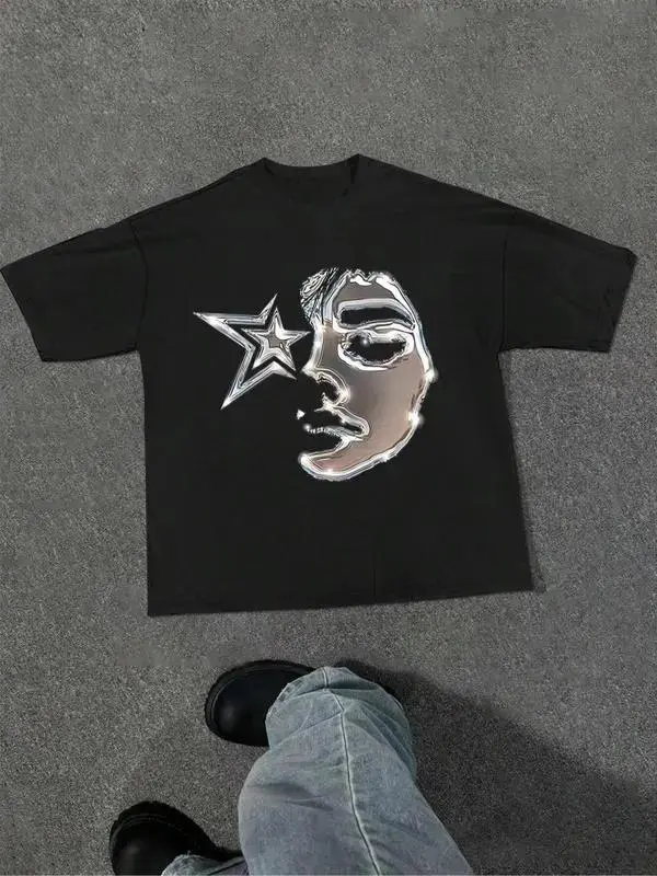 Men's T-Shirt, Streetwear Style with Figure & Star Graphic Print, Drop Shoulder Design in Heavyweight 220g Cotton