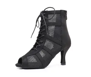Minishion Dance Practice Shoes for Women Mesh Ballroom Sandals Heels Party Prom Ankle Booties with Zip in Black
