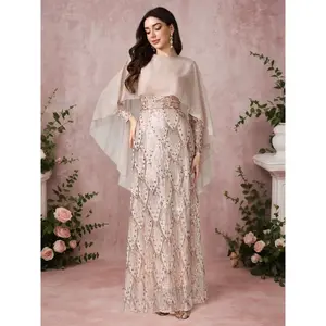 Women's Sequin Cape Long Dress, Elegant and Stylish Design, Waist Cinching Detail, Perfect for Evening Parties and Weddings