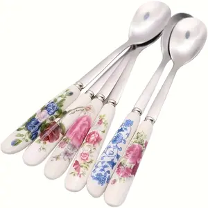 6pcs Stainless Steel Coffee Spoons with Ceramic Handles - Suitable for Stirring, Adding Sugar, Ice Cream, and Soups - Ideal Kitchen and Dining Accessories