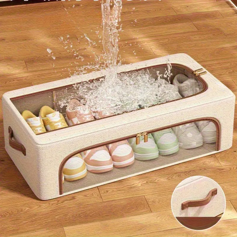 4-Season Foldable Double-Window Shoe Cabinet - Dustproof Stackable Under-Bed Storage, Beige Linen Vintage Style, Suitable for Sneakers, High Heels, Shoes, etc. - Space-Saving Multi-Purpose Wardrobe and Bedroom Organizer Solution, Shoe Cabinet,