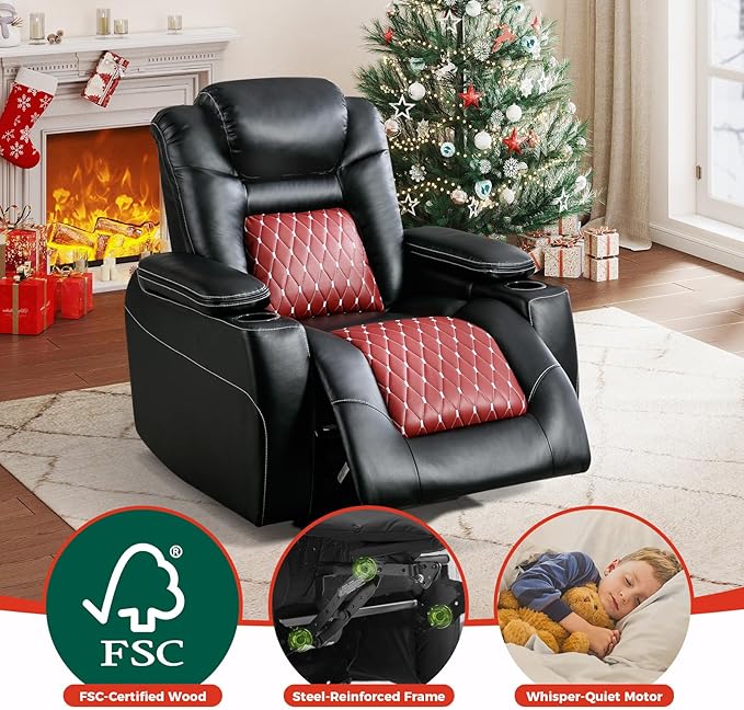 Electric Power Recliner Chair | Adjustable Headrest + USB Ports + Cup Holders + Hidden Storage (Black/Red)