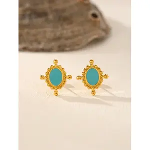 Stainless Steel Mirror Shiny Earrings for Women Creative Reflective Studs Must-have for Eye-catching Parties Turquoise Color