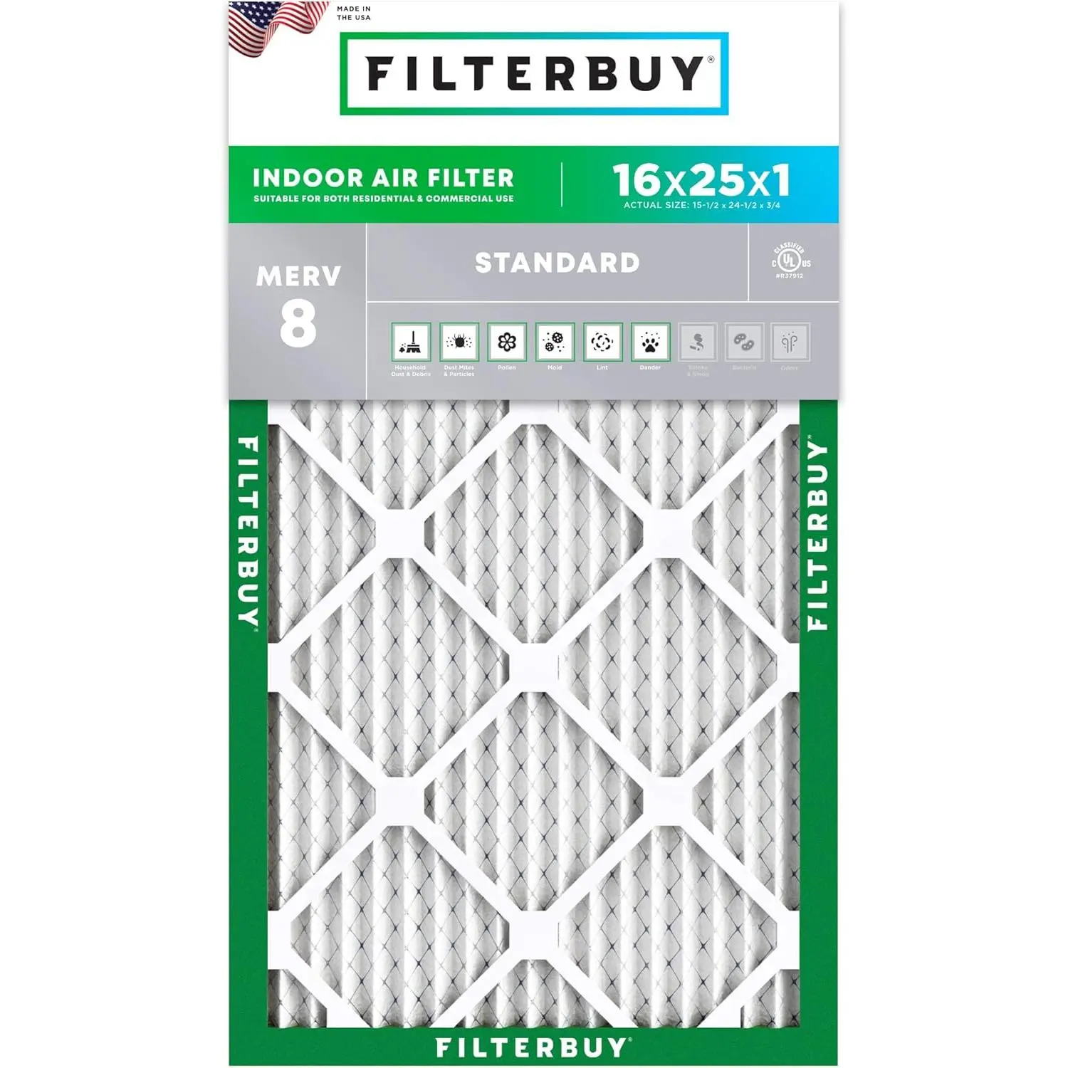 Filterbuy 16x25x1 Air Filter (1-Pack), Pleated MERV 8 Dust Defense HVAC AC Furnace Air Filters (Actual Size: 15.50 x 24.50 x 0.75 Inches)