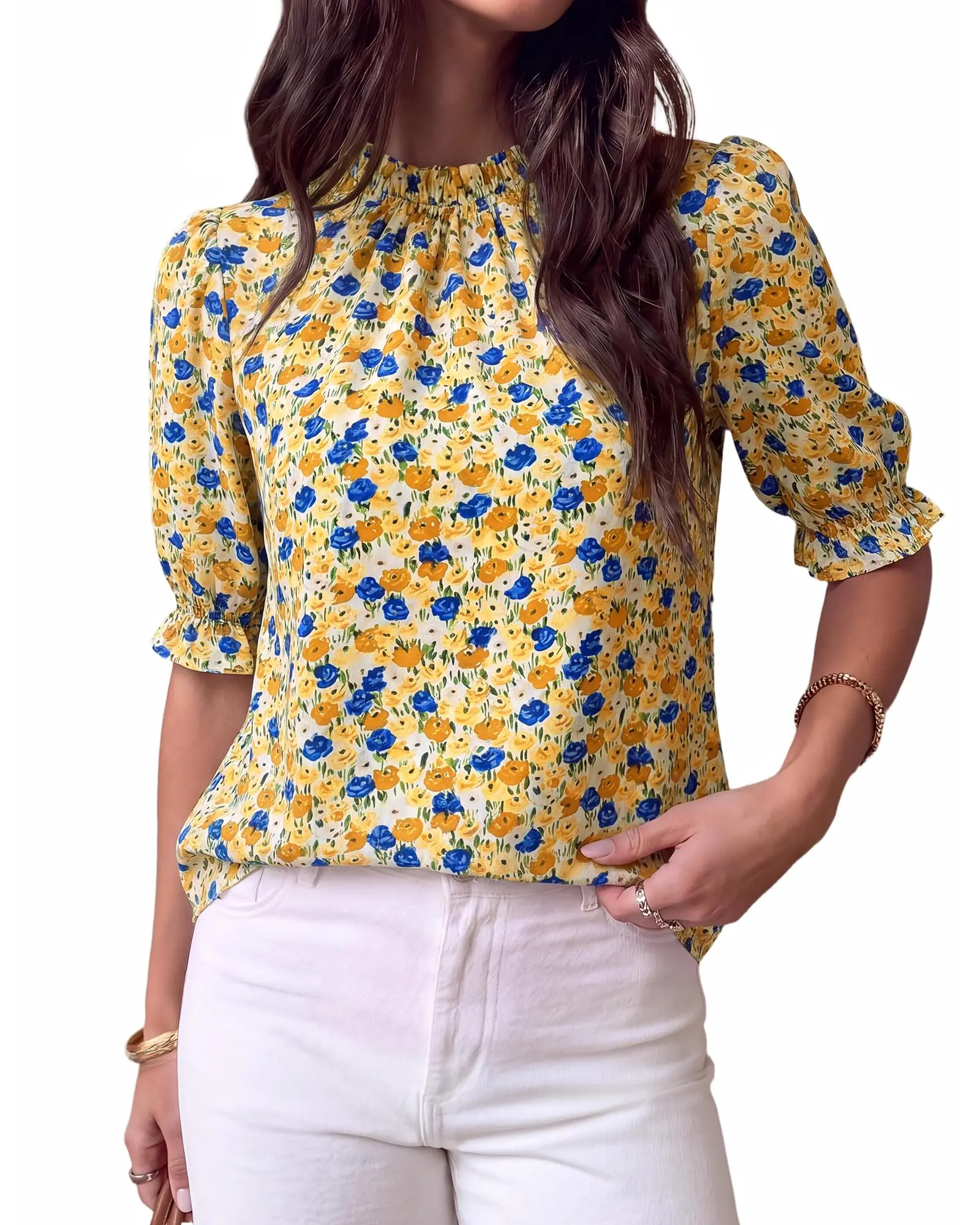 BTFBM Womens Tops 2026 Dressy Casual Blouses Summer Spring Clothes Mock Neck Short Sleeve Shirts Business Work Fall Outfits