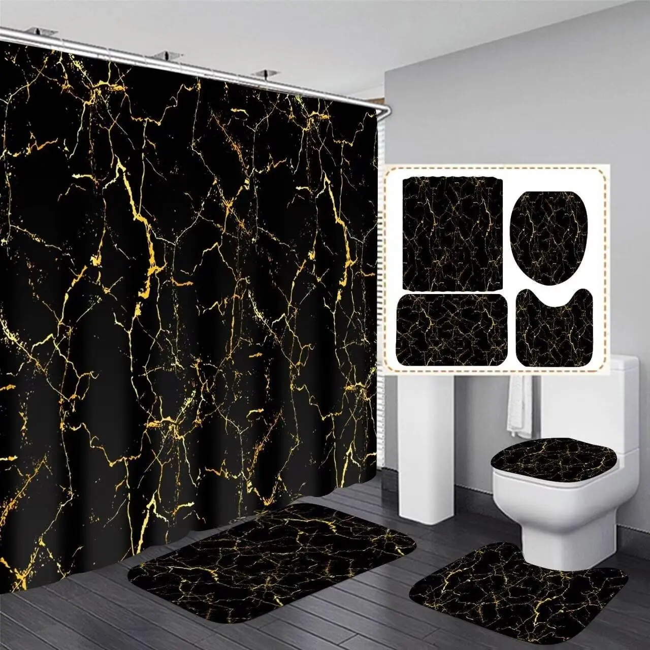 4Pcs Shower Curtain Sets Black and Gold Marble Bathroom Sets with Shower Curtain and Rugs and Accessories Luxury Bathroom Curtain Decor Sets with 12 Hooks