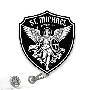 St Michael Protect Us Badge Reel Acrylic Retractable ID Holder with Clip, Catholic Christian Nurse Doctor Student Gift 8KO