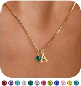 InitialBirthstone Necklaces for Women Trendy 14K Gold Plated Letter A-Z initial Necklace Dainty Initial Birthstone Pendant Name Necklace Personalized Birthday Christmas Gifts for Women Jewelry