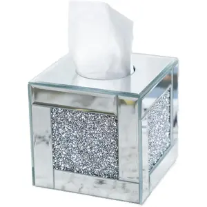 Mirrored Tissue Box Cover Holder, Square Glass Facial Tissue Holder with Crushed Diamond Crystals, Luxury Facial Paper Organizer Dispenser for Bathroom, Vanity Countertop, Tabletop, Silver