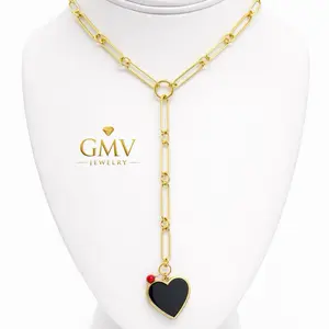 GMV Jewelry Noir Azabache and Coral Heart Necklace 18k Gold Plated- Paperclip Chain Necklace with Black Heart Pendant and Red Bead Charm