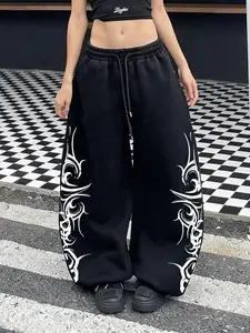 Women's Y2K Tribal Totem Print Wide-Leg Sweatpants - Dark Y2K Style, High-Waisted with Drawstring, Loose Fit, Slimming Effect, Black, Versatile Street Casual Fashion Comfy Trousers