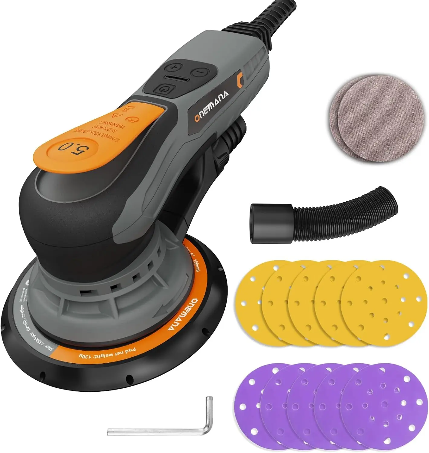 5.0mm Random Orbital Sander, 350W Brushless Motor Electric Palm Sander for Woodworking, 6 Variable Speeds to 10000RPM, Multi-function Sander with 6Inch Backing Plate, 10 Sanding Papers