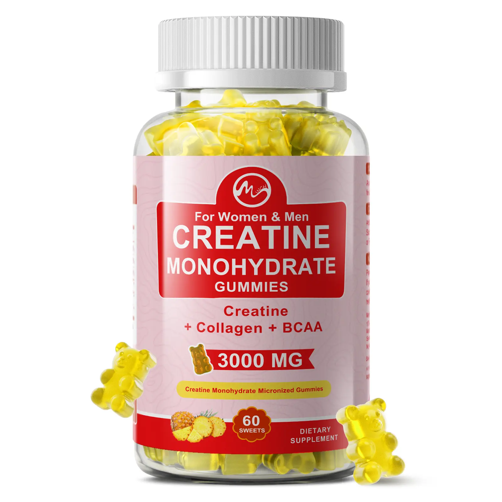 M inch Creatine Monohydrate Chewable Gummies, Pineapple Flavor Daily Dietary Supplement for Adults, 60 Count