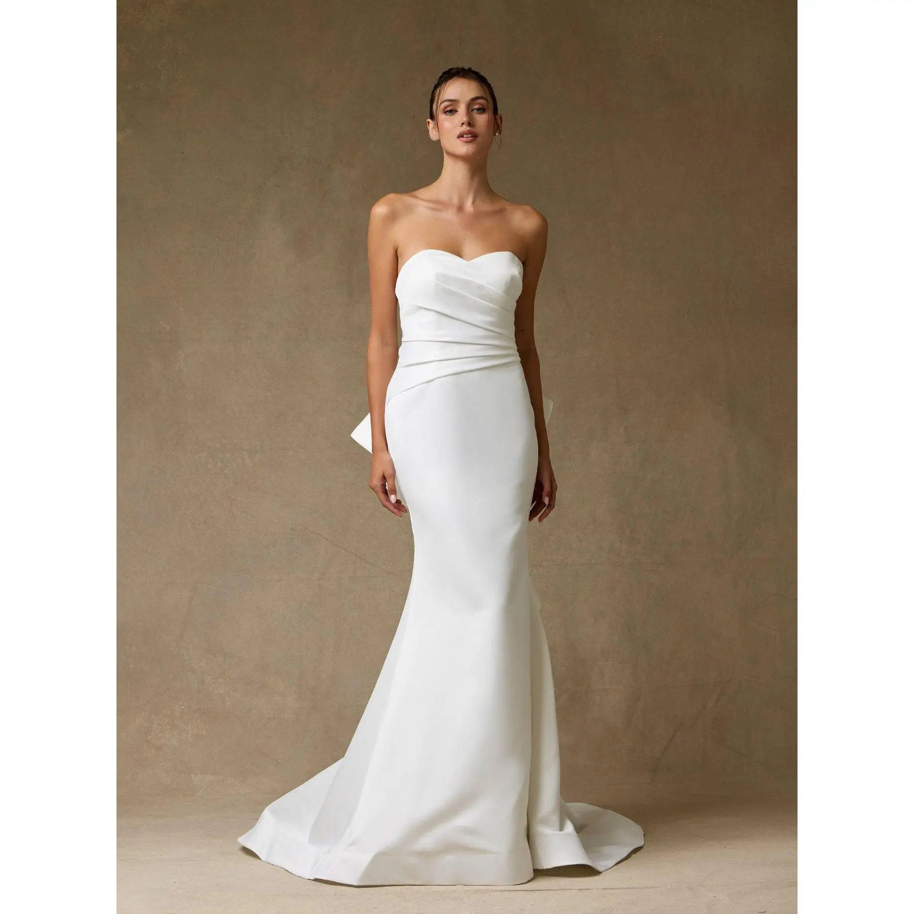 Strapless Satin Mermaid Wedding Dress with Draped Bodice & Statement Ruffle Back Train
