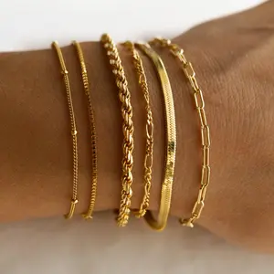 14K Gold Plated Copper Bracelets for Women Waterproof, Jewelry Sets for Women Trendy Thin Dainty Stackable Cuban Link Paperclip Chain Bracelet Pack Fashion Accessories Gifts for Womens Back to school