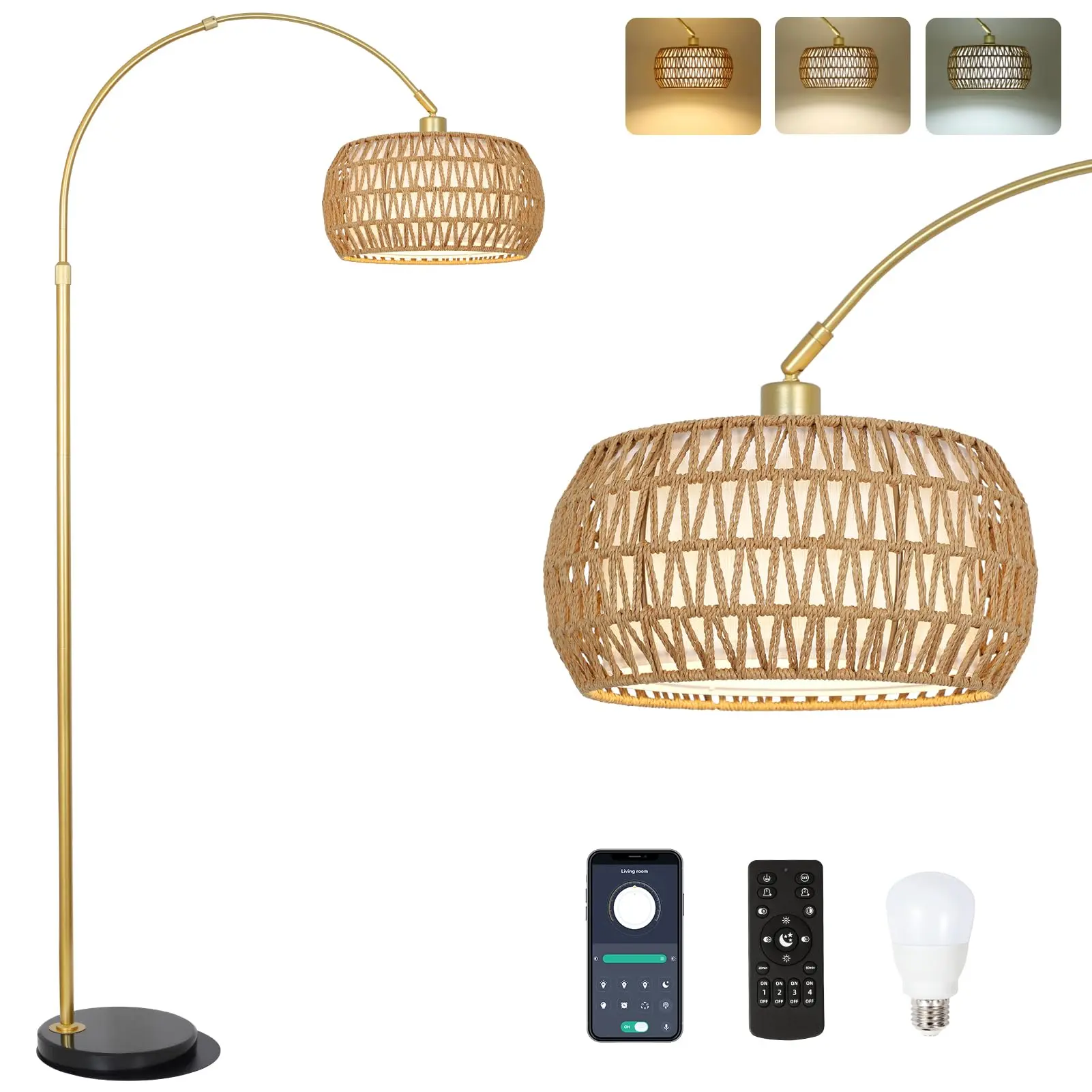 Modern Arc Floor Standing Lamp with Intelligent Remote Control, Adjustable Height, 3 Color Temperatures, Bohemian Design, Ambient Decor Lighting, Lights for Bedroom (Marble Base Has Patterns, Not Cracks)