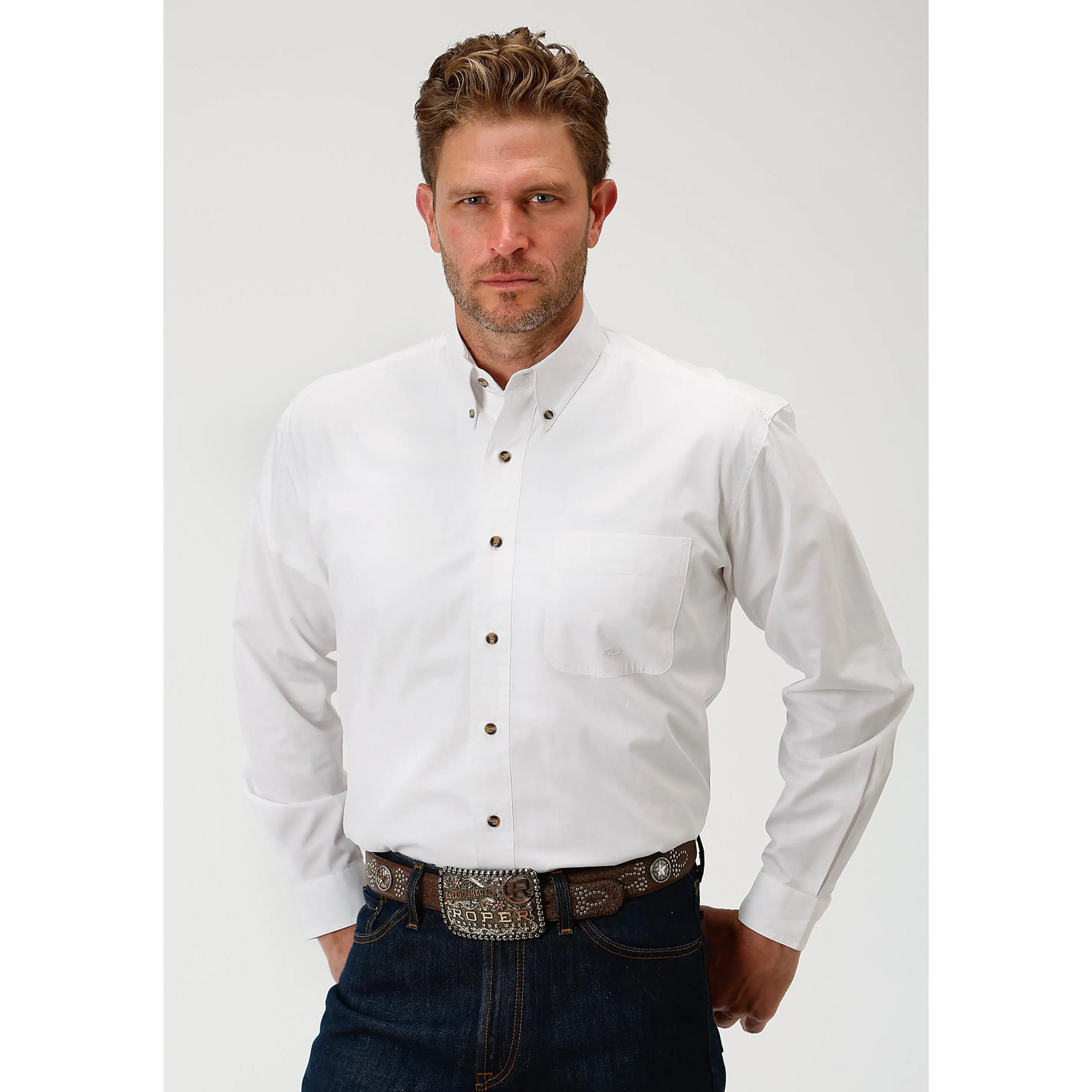 Men's Roper Solid White Western Shirt