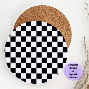Checkered Square and Round Ceramic Cup Coasters, Coffee Mug Coasters